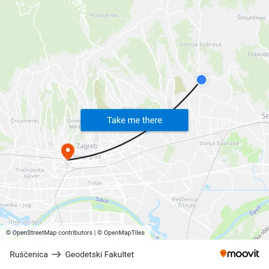Ruščenica to Geodetski Fakultet map
