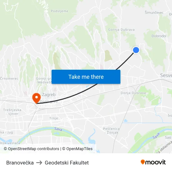 Branovečka to Geodetski Fakultet map