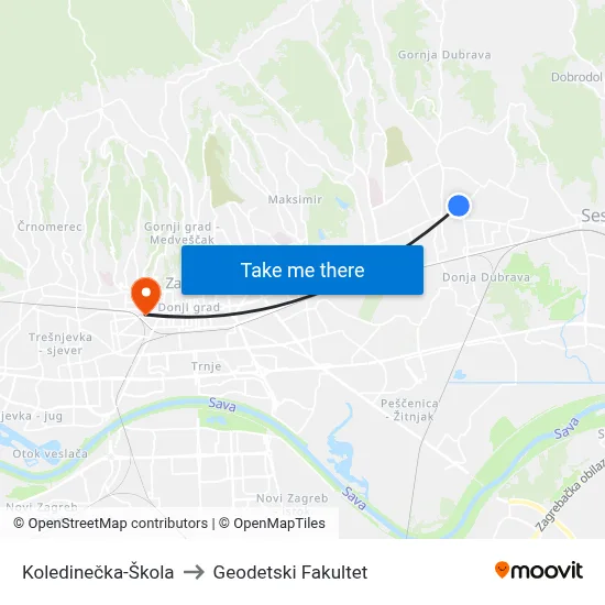 Koledinečka-Škola to Geodetski Fakultet map
