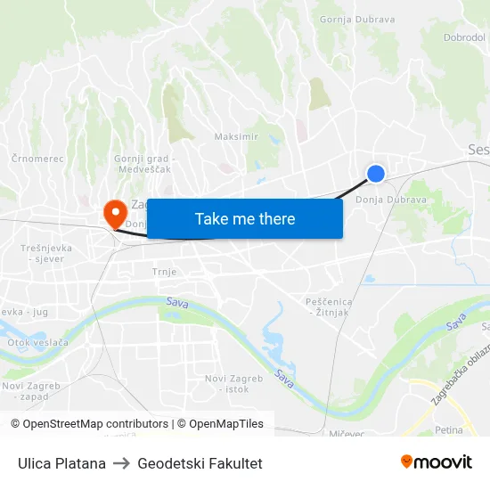 Ulica Platana to Geodetski Fakultet map