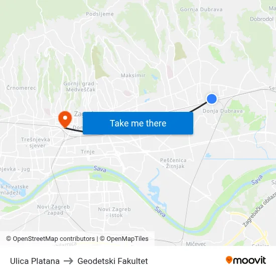 Ulica Platana to Geodetski Fakultet map