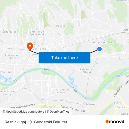 Resnički gaj to Geodetski Fakultet map