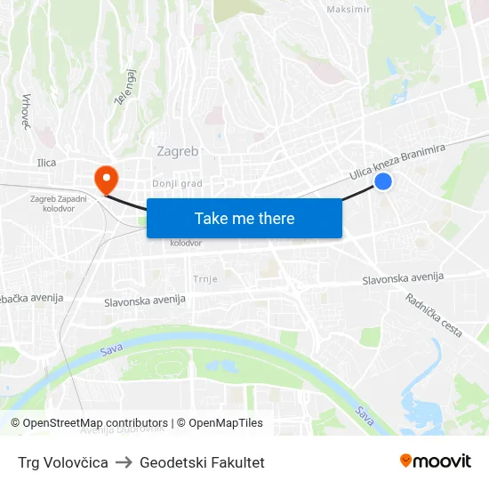 Trg Volovčica to Geodetski Fakultet map