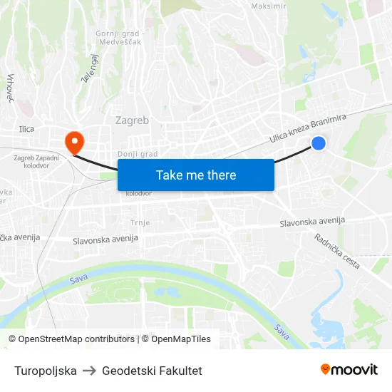 Turopoljska to Geodetski Fakultet map