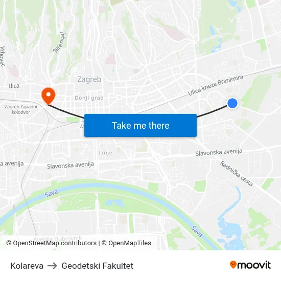 Kolareva to Geodetski Fakultet map