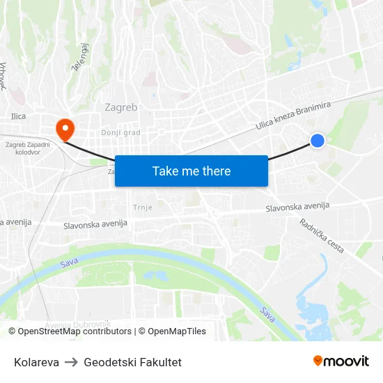 Kolareva to Geodetski Fakultet map