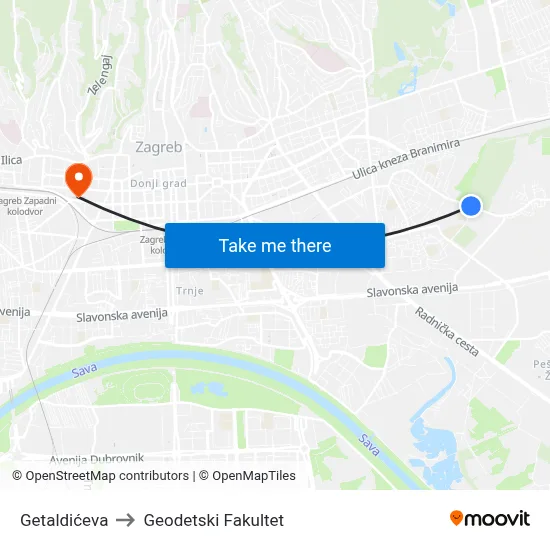 Getaldićeva to Geodetski Fakultet map