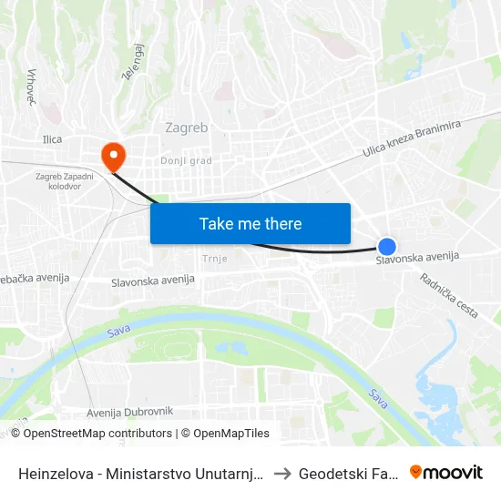 Heinzelova - Ministarstvo Unutarnjih Poslova to Geodetski Fakultet map
