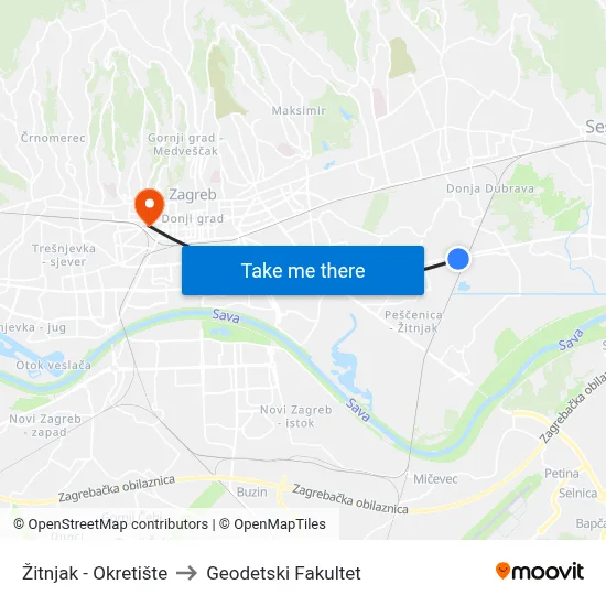 Žitnjak - Okretište to Geodetski Fakultet map