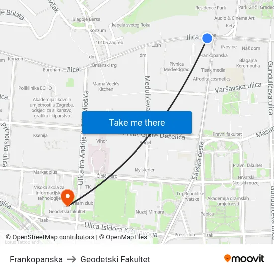 Frankopanska to Geodetski Fakultet map