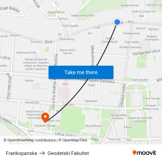 Frankopanska to Geodetski Fakultet map