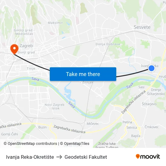 Ivanja Reka-Okretište to Geodetski Fakultet map