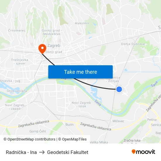 Radnička - Ina to Geodetski Fakultet map
