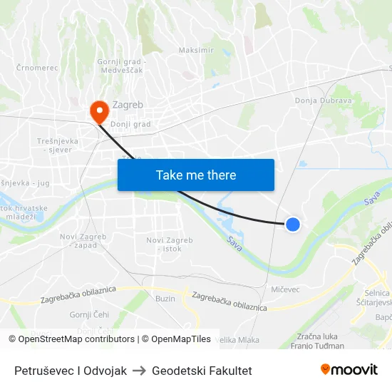 Petruševec I Odvojak to Geodetski Fakultet map
