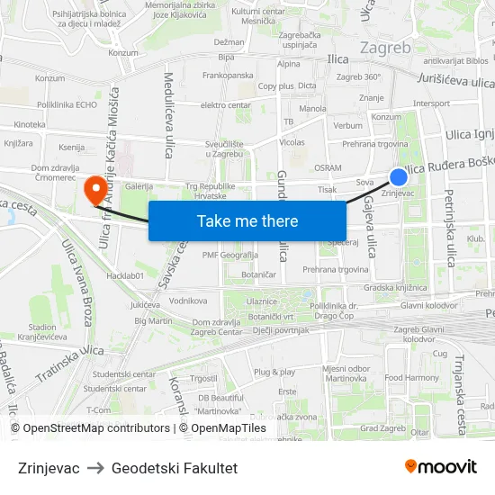 Zrinjevac to Geodetski Fakultet map