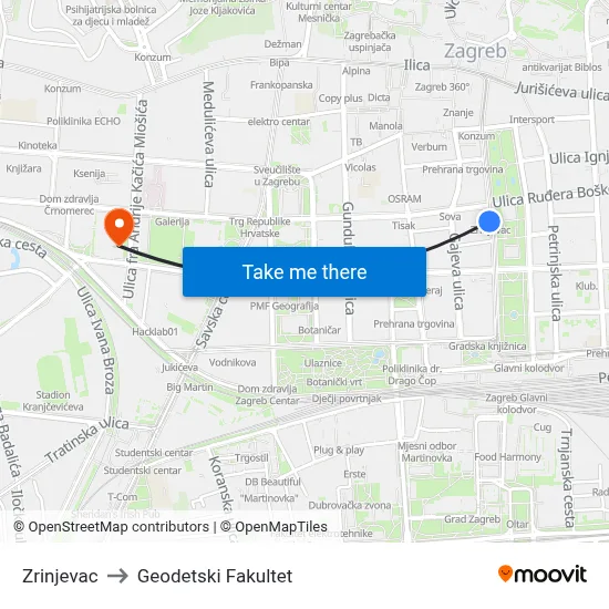 Zrinjevac to Geodetski Fakultet map