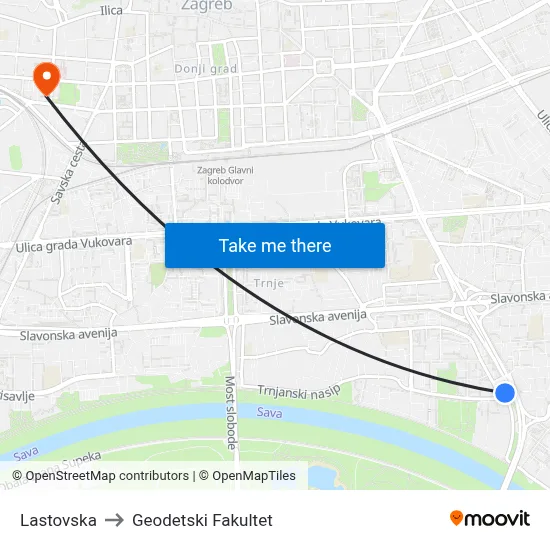 Lastovska to Geodetski Fakultet map