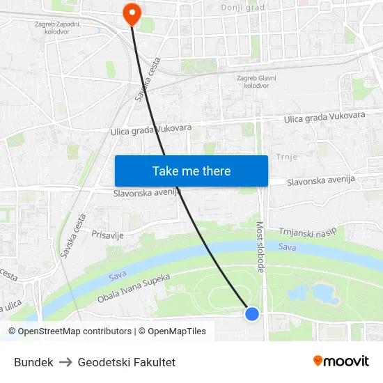 Bundek to Geodetski Fakultet map