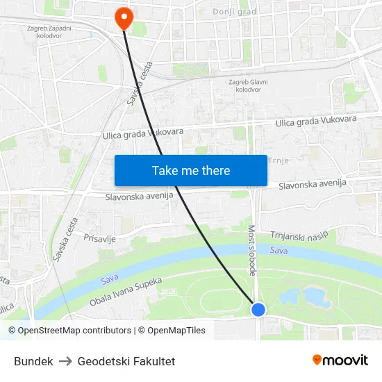 Bundek to Geodetski Fakultet map