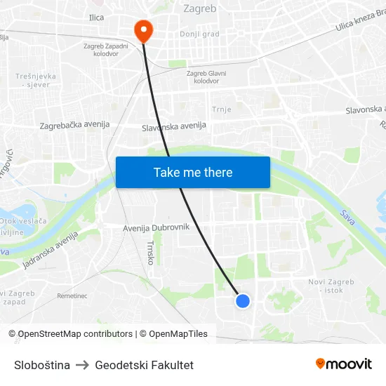 Sloboština to Geodetski Fakultet map