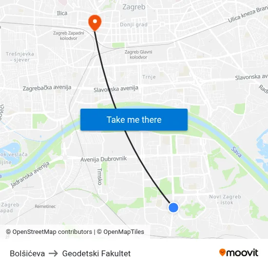 Bolšićeva to Geodetski Fakultet map