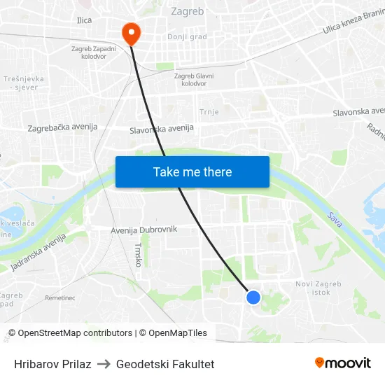 Hribarov Prilaz to Geodetski Fakultet map