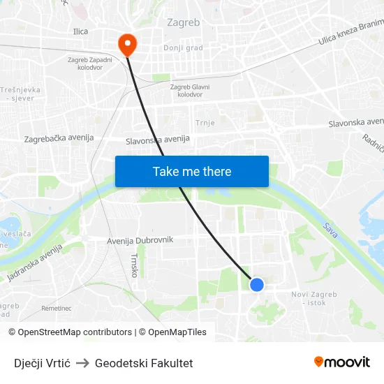 Dječji Vrtić to Geodetski Fakultet map
