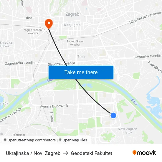 Ukrajinska / Novi Zagreb to Geodetski Fakultet map
