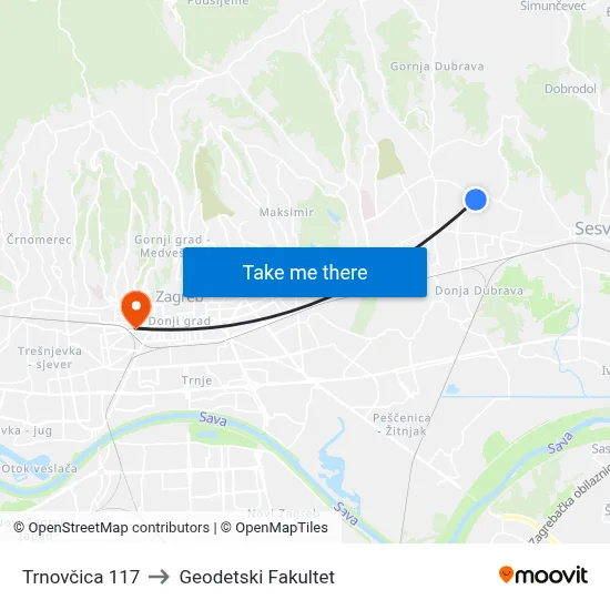 Trnovčica 117 to Geodetski Fakultet map