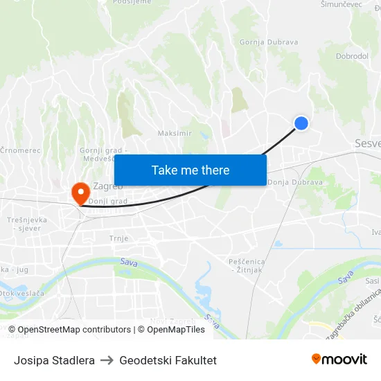 Josipa Stadlera to Geodetski Fakultet map