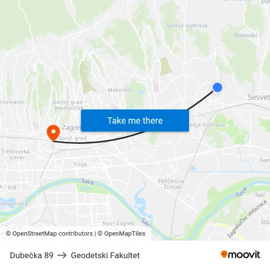 Dubečka 89 to Geodetski Fakultet map