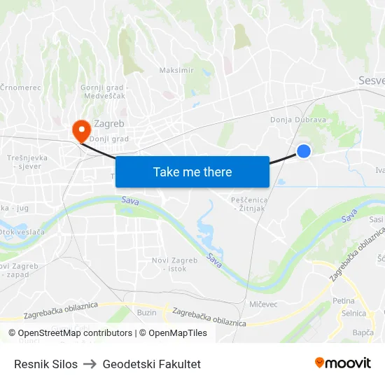 Resnik Silos to Geodetski Fakultet map