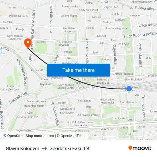 Glavni Kolodvor to Geodetski Fakultet map