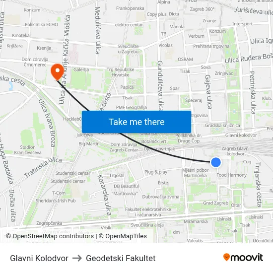 Glavni Kolodvor to Geodetski Fakultet map