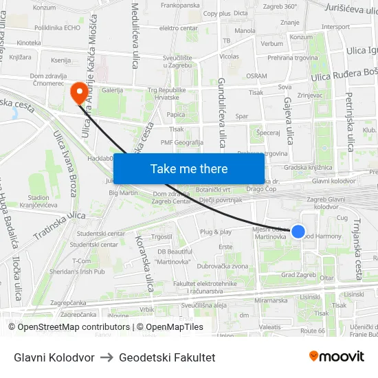 Glavni Kolodvor to Geodetski Fakultet map