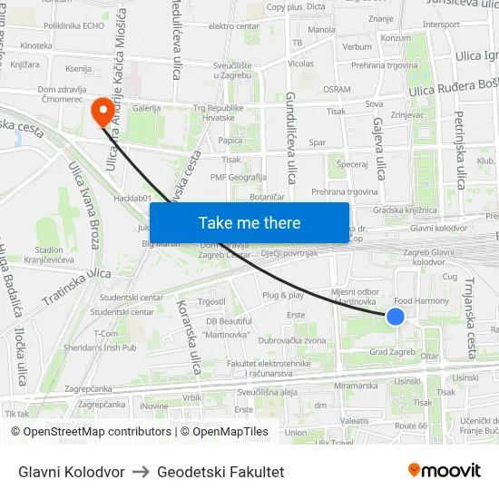 Glavni Kolodvor to Geodetski Fakultet map