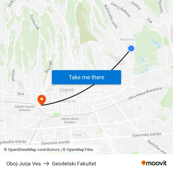 Oboj-Jurja Ves to Geodetski Fakultet map