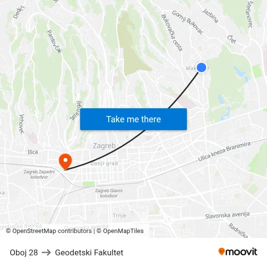 Oboj 28 to Geodetski Fakultet map