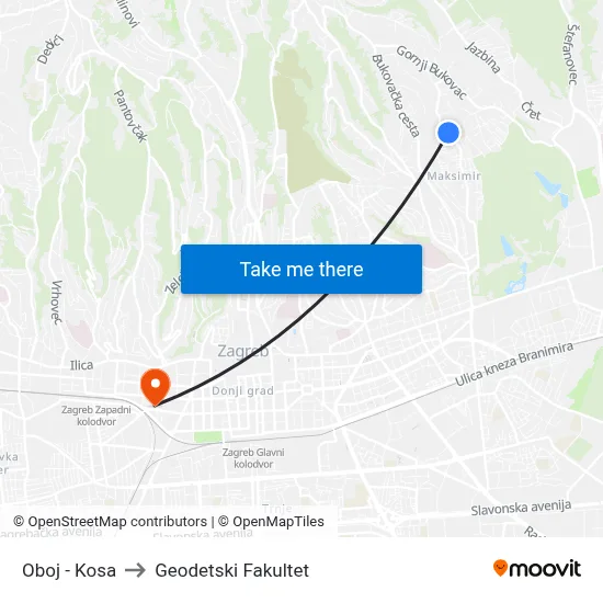 Oboj - Kosa to Geodetski Fakultet map