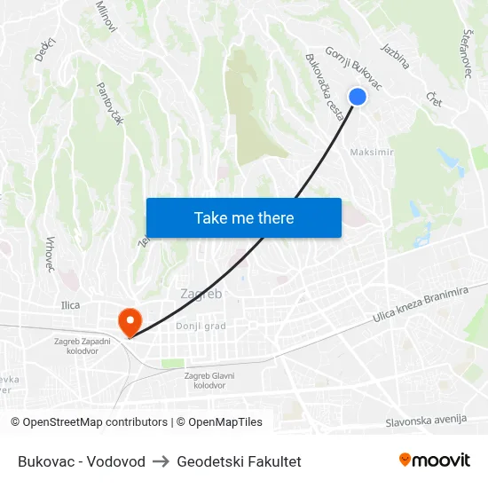 Bukovac - Vodovod to Geodetski Fakultet map