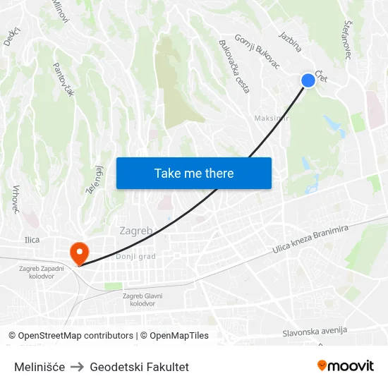 Melinišće to Geodetski Fakultet map