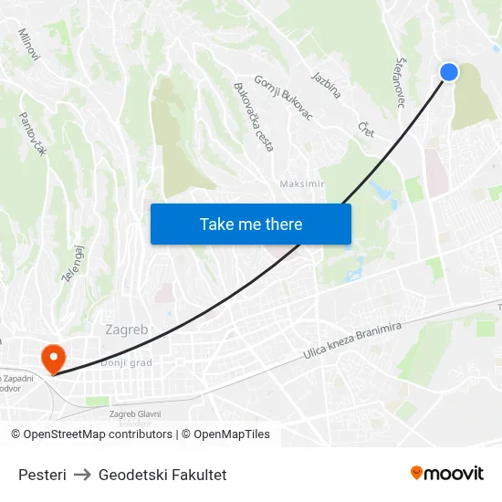 Pesteri to Geodetski Fakultet map