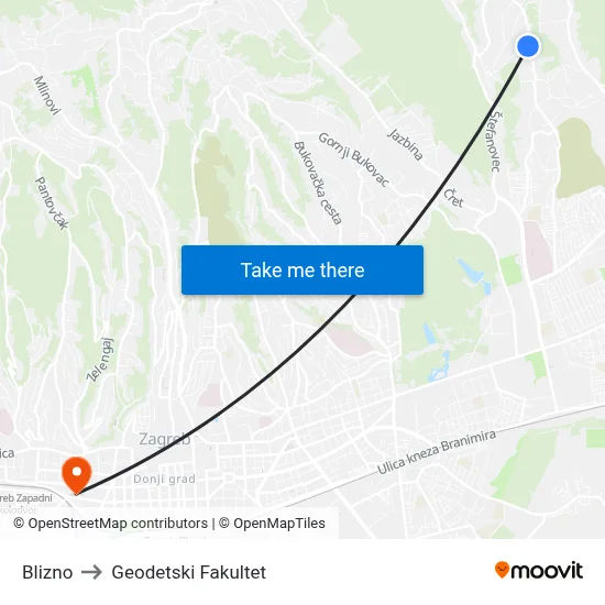 Blizno to Geodetski Fakultet map