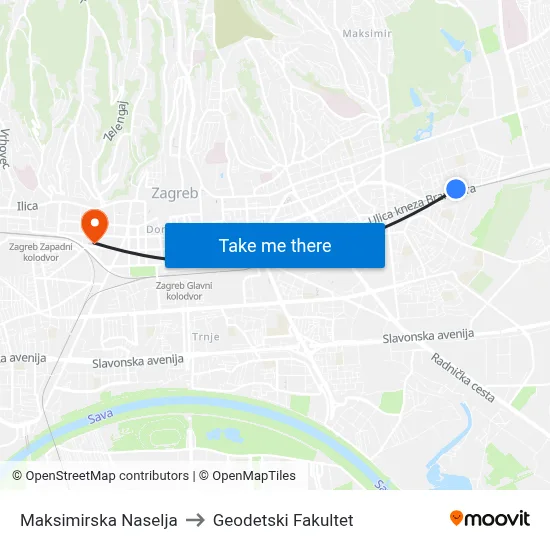 Maksimirska Naselja to Geodetski Fakultet map