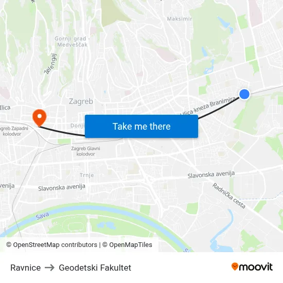 Ravnice to Geodetski Fakultet map