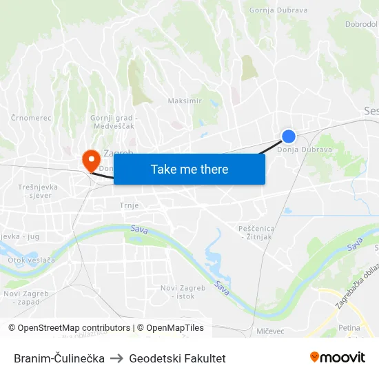 Branim-Čulinečka to Geodetski Fakultet map