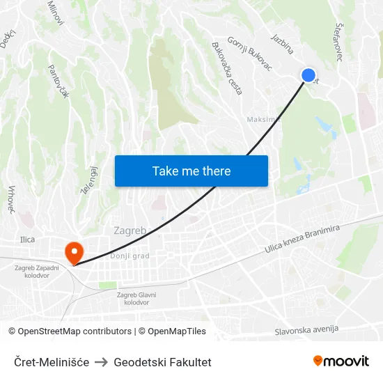 Čret-Melinišće to Geodetski Fakultet map