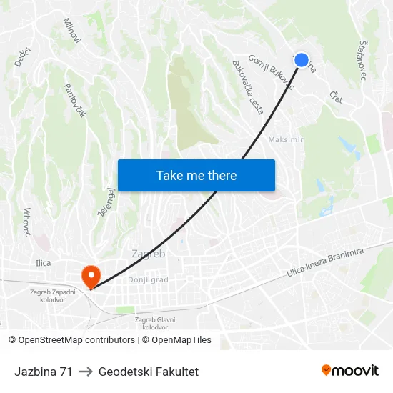 Jazbina 71 to Geodetski Fakultet map