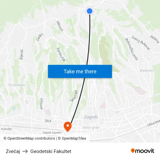 Zvečaj to Geodetski Fakultet map