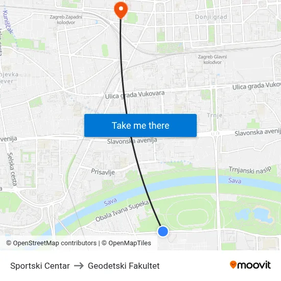 Sportski Centar to Geodetski Fakultet map